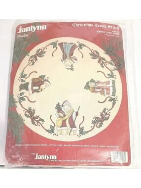 1988 Vtg Janlynn Christmas Cross Stitch Kit Santa Tree Skirt 44" SEALED